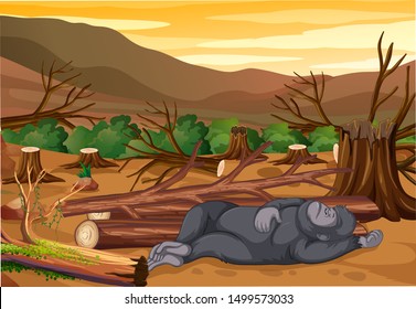 Scene with dying monkey and deforestation illustration
