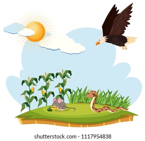 Scene with eagle, mouse and snake on a farm illustration