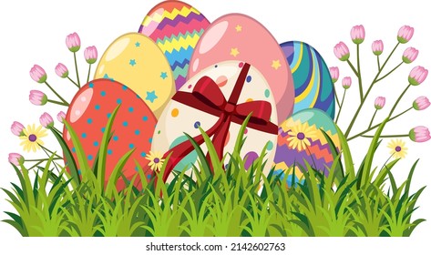 Escena con huevos de Pascua en la ilustración del jardín