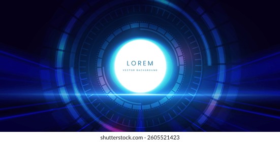 Scene elegant blue with glowing circle light on dark background with lighting effect and sparkle. Technology futuristic neon hi-tech communication, innovation design. Vector illustration