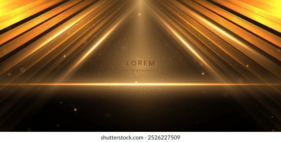 Cena linhas brilhantes de ouro elegante com efeito de iluminação brilho no fundo preto. Design de prêmio de modelo. Ilustração vetorial