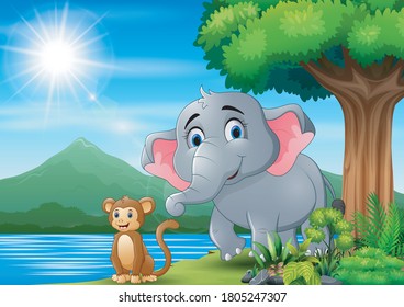 Scene with elephant and monkey having fun at nature