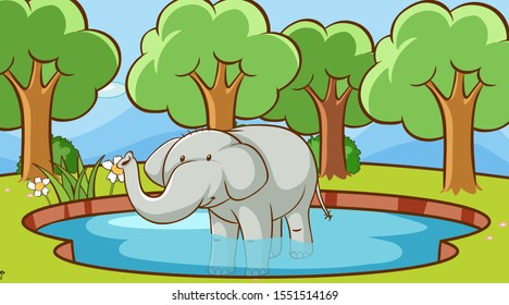 Scene with elephant in the pond illustration