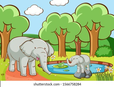 Scene with elephants in forest illustration