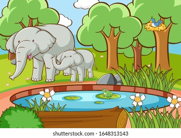 Escena con elefantes en ilustración forestal