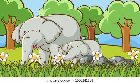 Scene with elephants in the park illustration