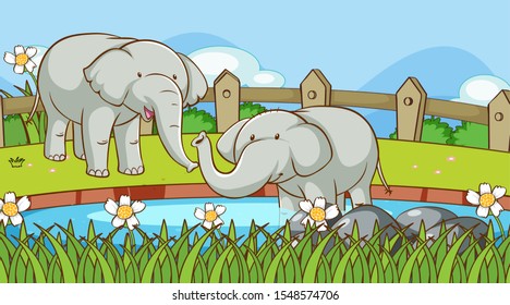 Scene with elephants in the river illustration