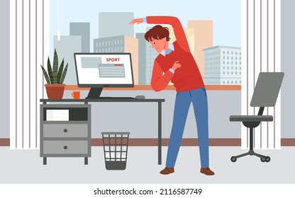 Scene Of Employee Doing Physical Exercises In Office. Worker Health And Body Wellbeing, Sport Warming Up Break And Stretching Activity At Workstation Cartoon Vector Illustration