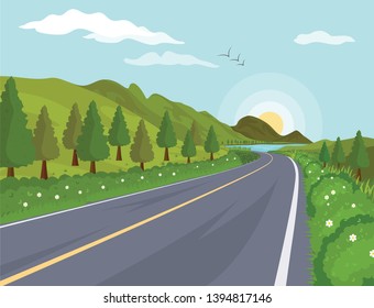 Scene with Empty Road, Green Surrounding Mountain Road Trip landscape