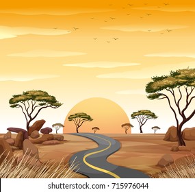 Scene with empty road at sunset illustration