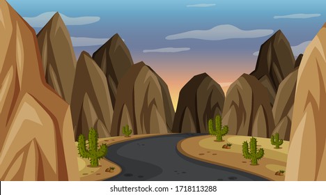Escena con camino vacío a través de la ilustración de la montaña