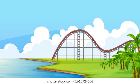Scene with empty roller coaster track in the field illustration
