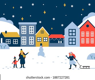 Scene of the evening winter city. A mother with a child and a woman with a sled are walking along the street with different houses. Concept illustration in flat style.