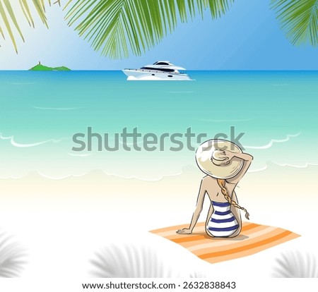 The scene evokes a calm and relaxing atmosphere, possibly during the daytimeThe image depicts a woman sunbathing on a beach