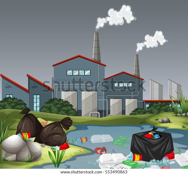 工場と水質汚染のイラストを含むシーン のベクター画像素材 ロイヤリティフリー