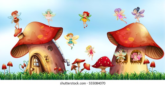 Scene with fairies flying around mushroom houses illustration