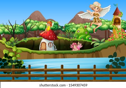 Scene with fairies flying in the garden illustration