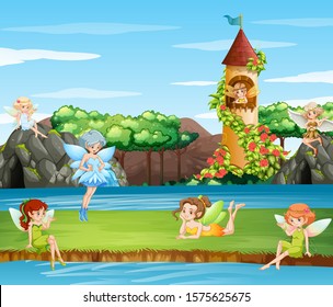 Scene with fairies flying in the garden illustration