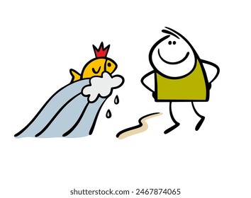 Scene from a fairy tale. Stickman asks you to fulfill your wishes. Vector illustration of a goldfish on a wave. Hand drawn doodle boy on the seashore. Isolated cartoon on white background.