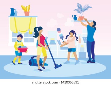 Scene with Family Doing Housework Flat Cartoon. Kids Helping Parents with Home Cleaning, Loading Laundry, Wiping Dust Vector Illustration, Mother Vacuuming Carpet, Father Putting Plant Pot on Shelve