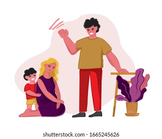 
Scene of family fights. The man screams and threatens his family. Poster about domestic violence in the family on women and children. Template concept of psychological health. Vector illustration.