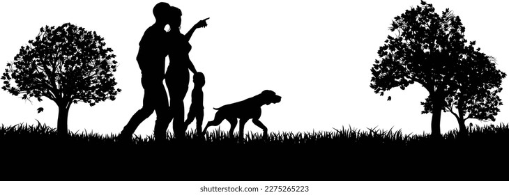 Una escena de una familia de siluetas en el parque u otro entorno al aire libre haciendo ejercicio y disfrutando de la naturaleza mientras camina el perro. 