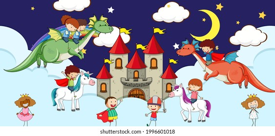 Scene with fantasy castle on the cloud at night illustration