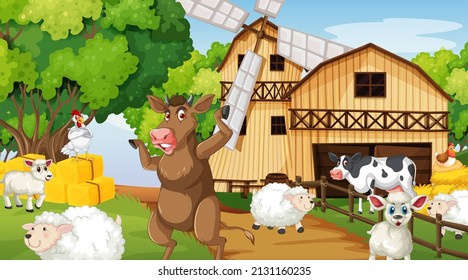 Scene With Farm Animal On The Farm Illustration