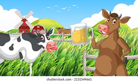Scene with farm animal on the farm illustration