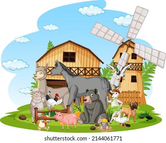 Scene with farm animals by the barn illustration