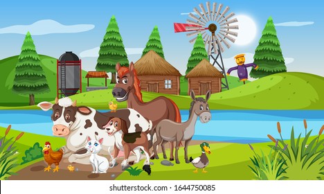 Scene with farm animals by the river at the farmyard illustration