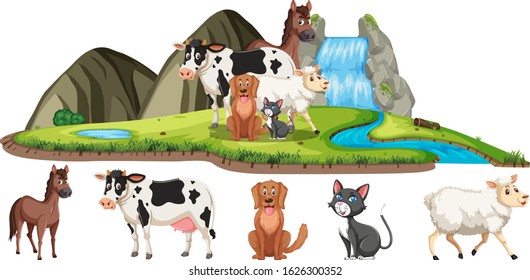 Scene with farm animals in the field illustration