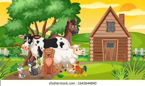 Scene with farm animals in the field at sunset illustration