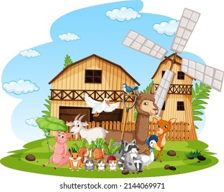 Scene with farm animals in the farm illustration