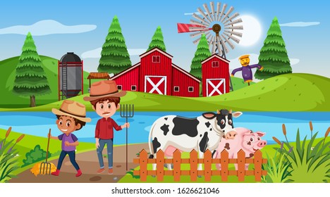 Scene with farmers and animals on the farm illustration