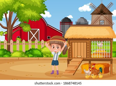 Scene with farmgirl and chickens on the farm illustration