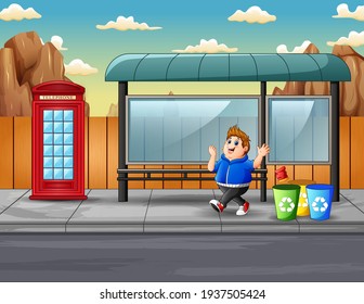 Scene with fat boy throws garbage in the trash