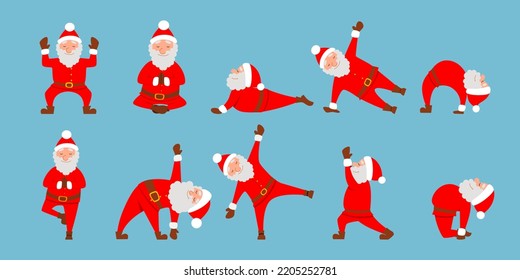 A scene with a fat Santa Claus doing yoga. A healthy Christmas character in different poses.