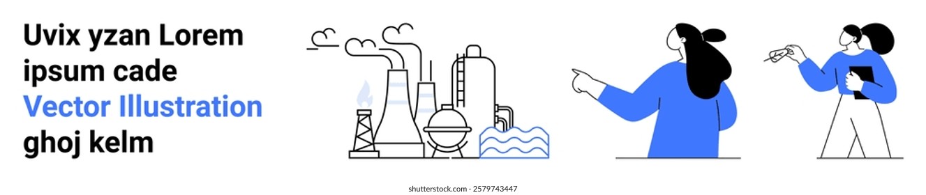 Scene features industrial factory elements and professional characters discussing data. Ideal for technology innovation business teamwork and engineering. Banner for landing page