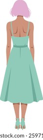 The scene features a woman with a sleek bob hairstyle, wearing a chic mint green dress, standing confidently with her back turned, radiating elegance and style.