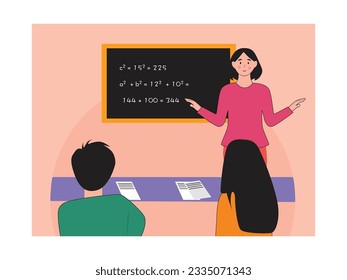 Scene of a female teacher explaining the formula for a math lesson to her students, studying education at school. Character designs. Vector flat illustration