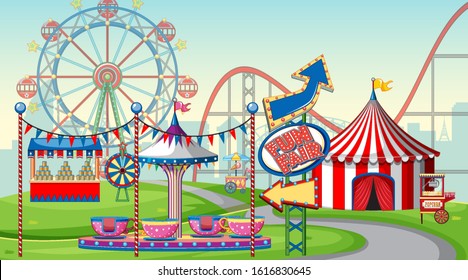 Scene with ferris wheel and big circus tent in the fair illustration