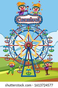 Scene with ferris wheel and clowns in the park illustration