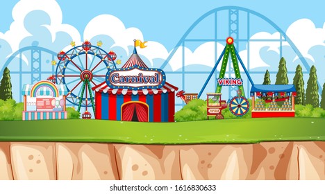 Szene mit Riesenrad und Spielen in der lustigen Messe-Illustration