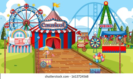 Scene with ferris wheel and other rides in the carnival illustration