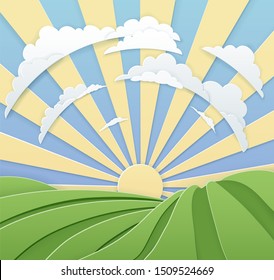 A scene with field, rolling hills and sky with sunrise in a paper craft style 