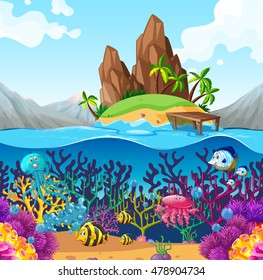 Cartoon Underwater World Fish Plants Island Stock Vector (Royalty Free ...