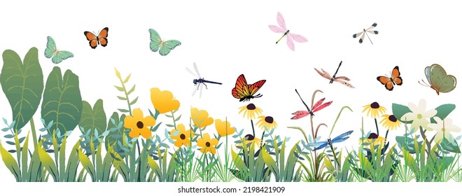 La escena de flores floreciendo, mariposa y libélulas volando