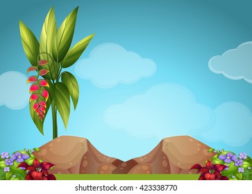 Escena con flores e ilustración de rocas