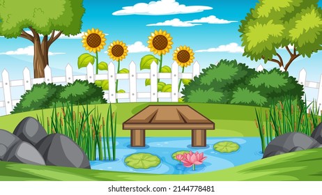 Scene with flowers and tress by the river illustration